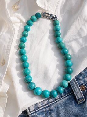 Turquoise Color Round Bead Necklace Silver Tone Clasp Choker